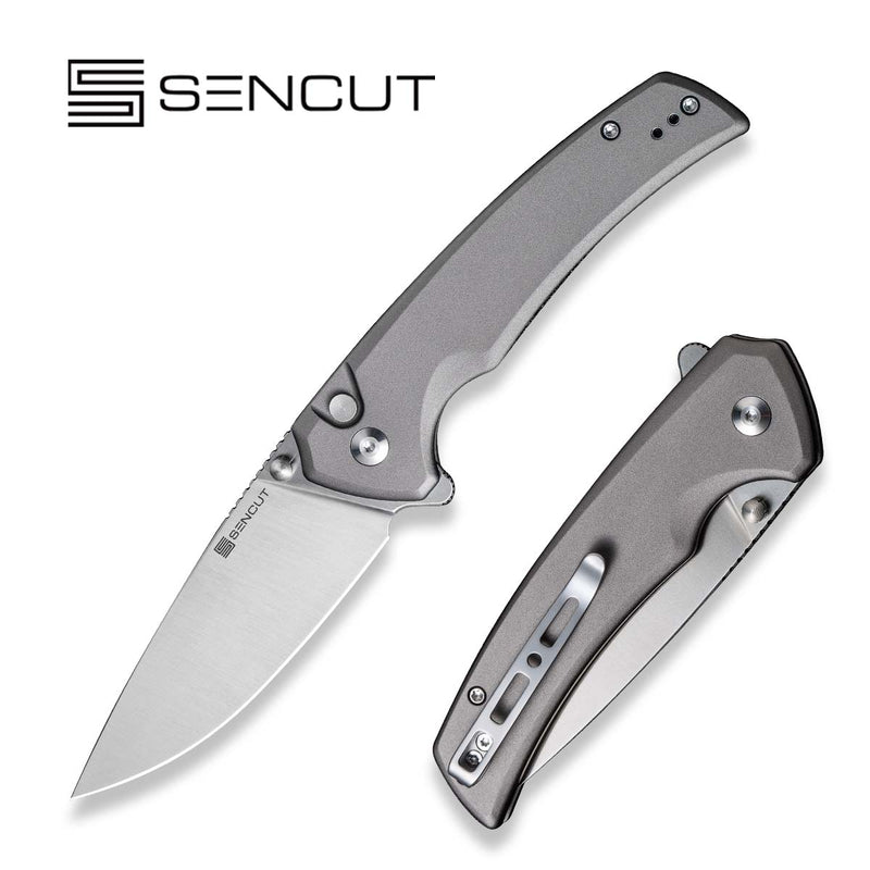 SENCUT Serene Flipper & Button Lock & Thumb Stud Knife Gray Aluminum Handle (3.48" Satin Finished D2 Blade) S21022B-3