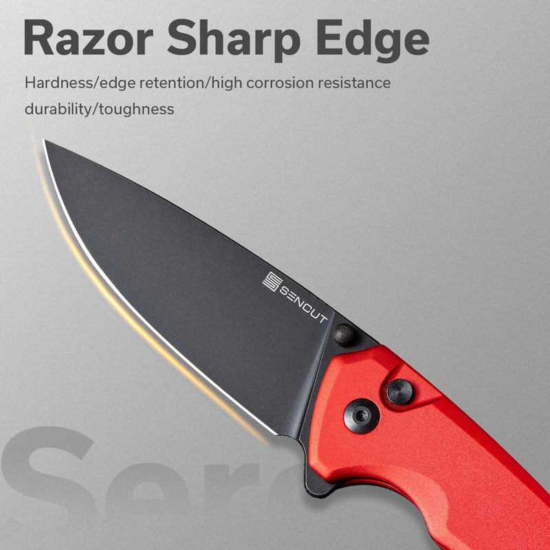 SENCUT Serene Flipper & Button Lock & Thumb Stud Knife Red Aluminum Handle (3.48" Black Stonewashed D2 Blade) S21022B-2