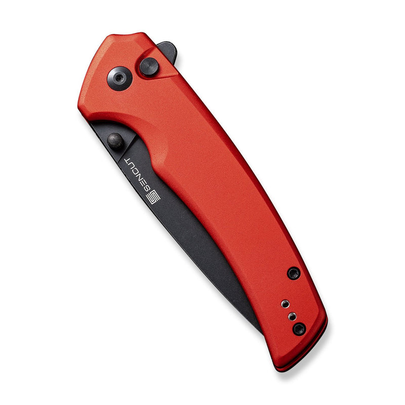 SENCUT Serene Flipper & Button Lock & Thumb Stud Knife Red Aluminum Handle (3.48" Black Stonewashed D2 Blade) S21022B-2