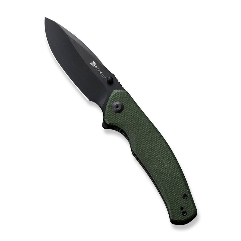 SENCUT Slashkin Flipper & Thumb Stud Knife Green Canvas Micarta Handle (3.48" Black D2 Blade) S20066-3