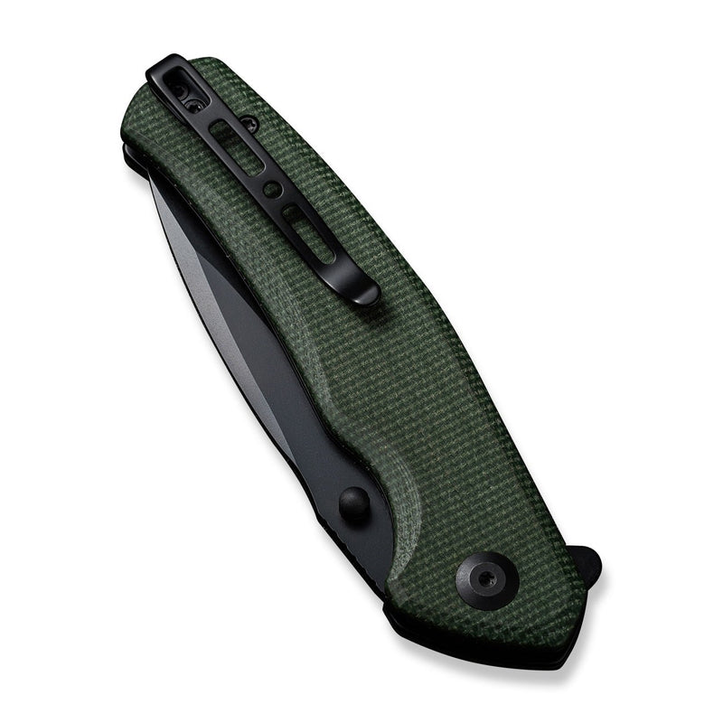 SENCUT Slashkin Flipper & Thumb Stud Knife Green Canvas Micarta Handle (3.48" Black D2 Blade) S20066-3