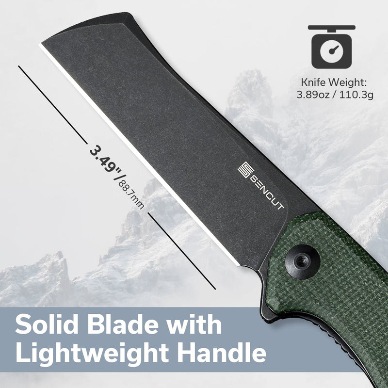 SENCUT Traxler Flipper Knife Green Canvas Micarta Handle (3.49" Black Stonewashed 9Cr18MoV Blade) S20057C-4