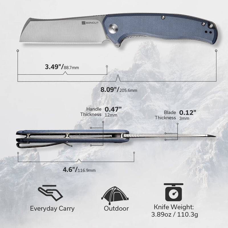 SENCUT Traxler Flipper Knife Neutral Blue G10 Handle (3.49" Satin Finished 9Cr18MoV Blade) S20057C-2
