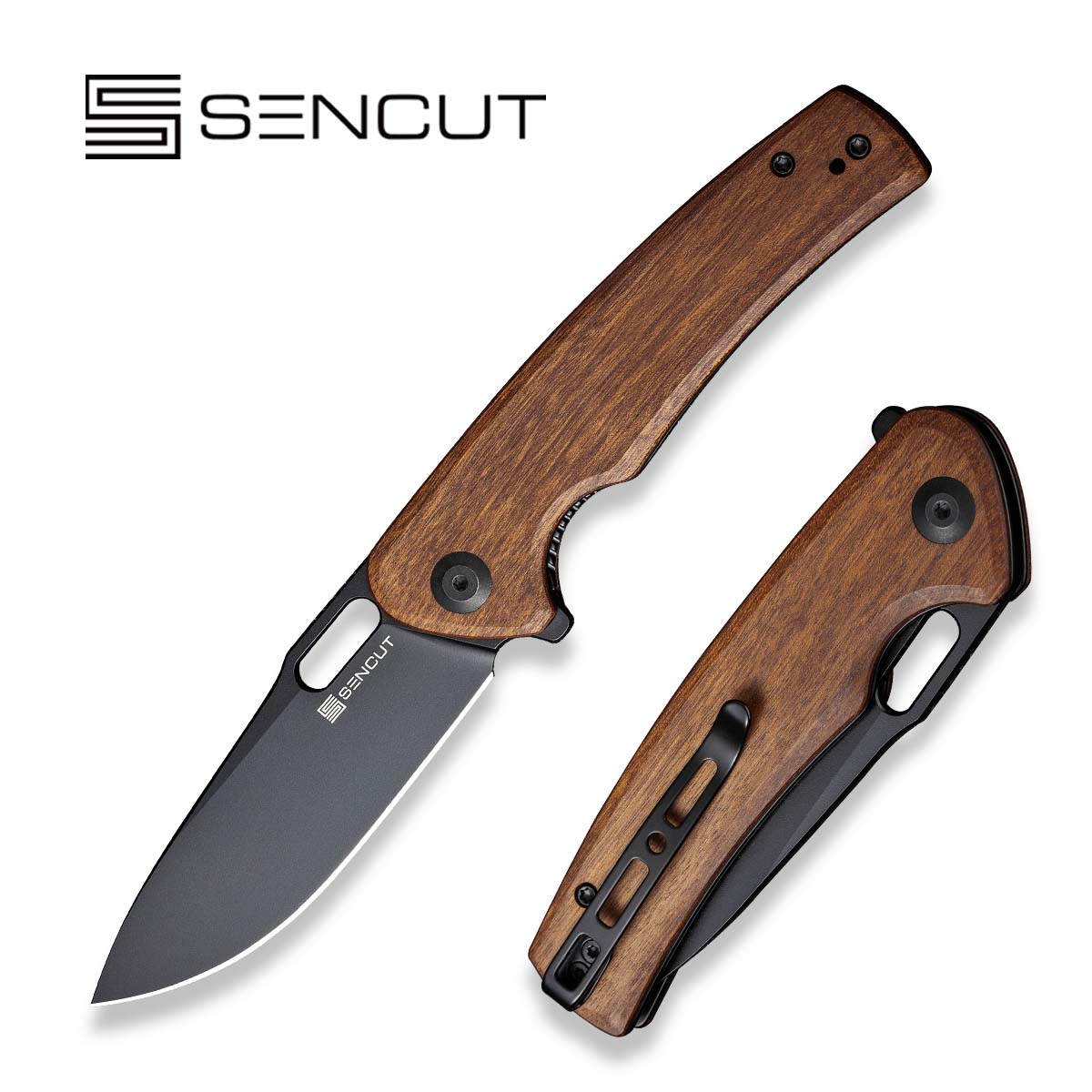 SENCUT Vesperon Flipper & Thumb Hole Knife Wood Handle 9Cr18MoV Blade